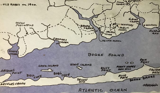 Map of the western end of Bogue Banks and Bogue Sound. From Kay Holt Robert Stephens, Judgment Land: The Story of Salter Path, vol. 1 (Havelock, N.C.: 1984)