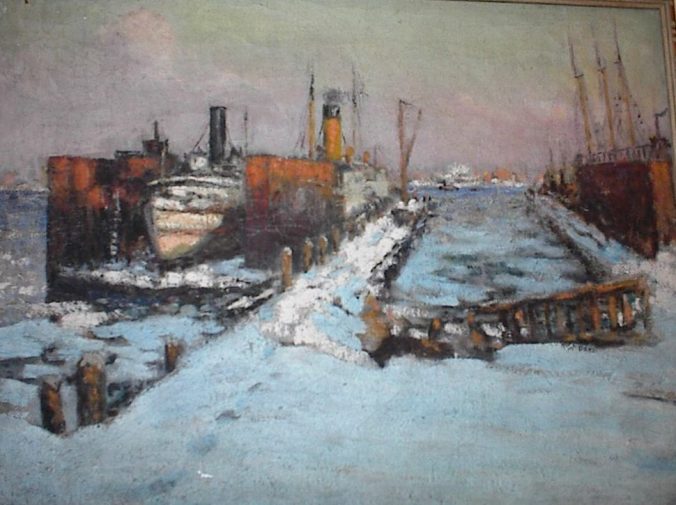 Oil painting of the Noecker, Rickenbach and Ake Shipyard, Camden, N.J. ca. 1925. Artist unknown. In possession of one of James Rickenbach's great-granddaughters. http://freepages.rootsweb.com/~ricken/genealogy/shipyard_painting.html