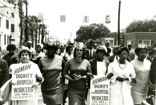 Coretta Scott King (center), the widow of Dr. Martin Luther King, Jr., with striking hospital workers in Charleston, S.C., 1969. Courtesy Avery Research Center