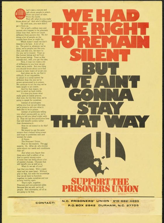N.C. Prisoners' Union poster, ca. 1975. Courtesy, Special Collections & University Archives, J. Murrey Atkins Library, University of North Carolina at Charlotte