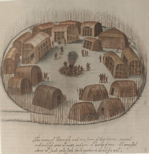 The artist and cartographer John White was part of the English expedition that explored that part of the N.C. coast in 1585. If he drew Aguascogoc, the drawing did not survive (many of his drawings did not). However, he did draw Algonquin villages near Aguascogoc, including a village called Pomeiooc (shown here) on the southwest side of Lake Mattamuskeet. Courtesy, The British Museum