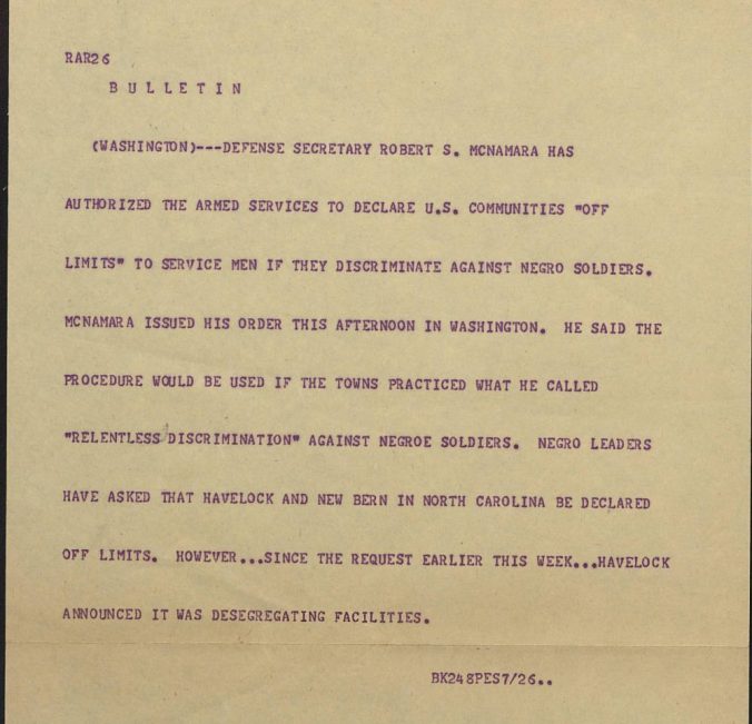 Bulletin from the U.S. Department of Defense, July 26, 1963. From the Floyd B. McKissick Papers, Southern Historical Collection, University of North Carolina at Chapel Hill