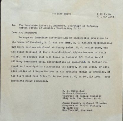 Telegram from James Farmer and Floyd McKissick of the Congress of Racial Equality (CORE) to U.S. Secretary of Defense James S. McNamara, 21 July 1963. From the Floyd B. McKissick Papers, Southern Historical Collection, UNC-Chapel Hill