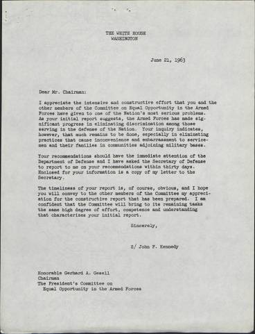 A copy of Pres. John F. Kennedy's June 21, 1963 letter to Gerhard A. Gesell is in the Floyd B. McKissick Papers at the Southern Historical Collection at UNC-Chapel Hill. 