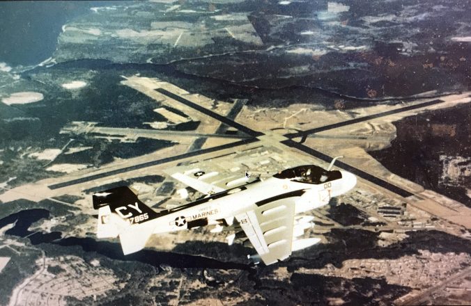 Side view of a Marine EA-6A Intruder aircraft over the Cherry Point MCAS. Courtesy, National Archives. This photograph is from 1978, not the 1960s, but it gives a good view of the massive runways that are at the heart of the base's mission. In the left top corner, we can see the Neuse River. Courtesy, National Archives