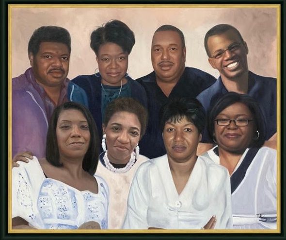 A painting of the Scott family done in 2021. Top, left to right: Roland, Jr., Barbara, Alphonso, and Aaron. Bottom, left to right: Diana, mom Pearl Scott, Margaret and Joyce. Courtesy, the Scott family