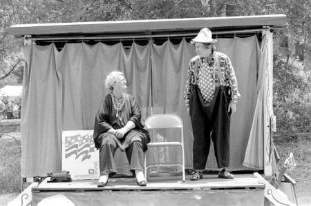 Mae Roach Noell (left) had a long career in traveling shows. Even after she and her husband (on right) retired in Tarpon Springs, Florida, in 1971, they occasionally performed medicine show and vaudeville-style skits for fundraisers and other special occasions. This photo was taken at the Florida Folk Festival in 1983. Courtesy, State Library and Archives of Florida