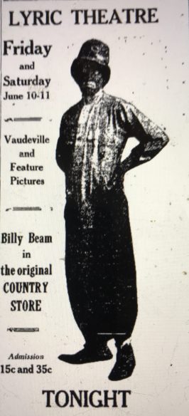 Originally out of Muskogee, Oklahoma, Beam had been performing in minstrel and medicine shows for at least 30 years by the time that Jack Roach visited his show in Faison, N.C., in 1953. He often worked in the tobacco markets at the end of the summer, when farmers had some money in their pockets. Advertisement in the Fayetteville Daily Democrat (Fayetteville, Ark.), 10 June 1921. 