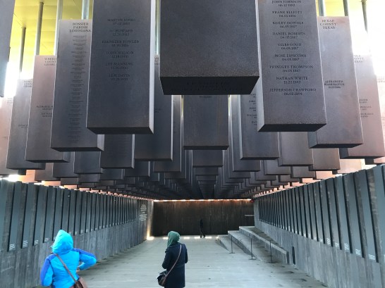 The north side of the National Memorial for Peace and Justice, Montgomery, Alabama. Each monument lists lynchings that occurred in a single county in the United States. Photo by David Cecelski