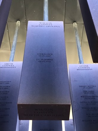 The Memorial's monument for Wilson County, N.C. You can find a compelling account of one of the lynchings, that of J. C. Farmer, 19-yr-old veteran of WW2, at one of my favorite blog, Black Wide Awake. Photo by David Cecelski