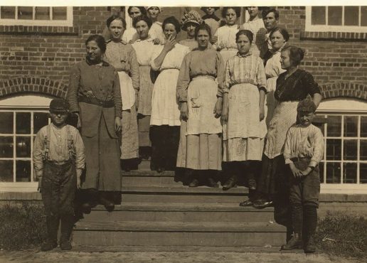 By 1937, many of Lumberton's mill workers were the daughters and sons of mill workers. This portrait shows a group of workers at the Dresden Cotton Mill, another of the town's mills, ca. 1910. Photo by Lewis Hine. Courtesy, Library of Congress