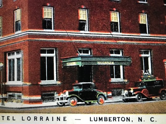 Detail from a postcard showing the Hotel Lorraine in Lumberton, N.C., ca. 1925-35. Courtesy, East Carolina University Manuscript Collection