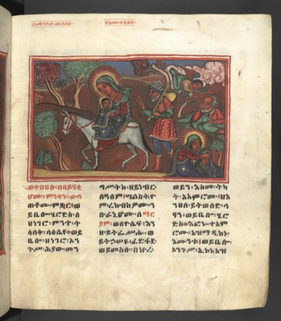 Taken from the Ethiopian mountain stronghold of Maqdala in 1868, this 18th-century manuscript of the Nativity of Jesus highlights an apocryphal text written in Coptic in the 5th century AD. This page, showing the Holy Family escaping the persecution of Herod, features one of the manuscript's 265 illustrations. Courtesy, the British Library