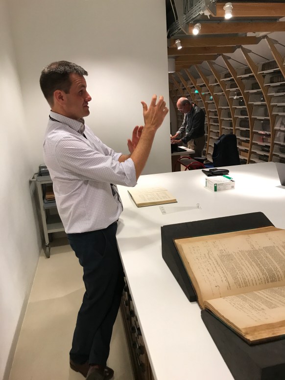 Dr. Mark Carine talking with my wife Laura in the Historical Collections Room in the Natural History Museum's Darwin Centre. Photo by David Cecelski