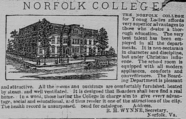 Advertisement for the Norfolk College for Young Ladies, Peninsula Enterprise (23 Oct. 1886). Courtesy, Saxis Island Museum, Saxis, Va.