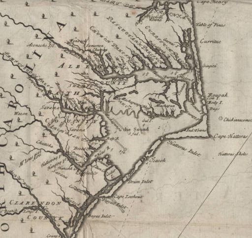 The maps tell the story: John Lawson's 1709 map of the NC coast lists Indian towns such as Chattoka and Wynoack as well as the locations of the Tuscarora, Nansemond, Machapunga, Coranine, Weetok and Occaneechee tribes. By 1730, none of them appeared on Veale's map. From Lawson, <em>New Voyage to Carolina</em> (London, 1709). Courtesy, North Carolina Collection, UNC-Chapel Hill
