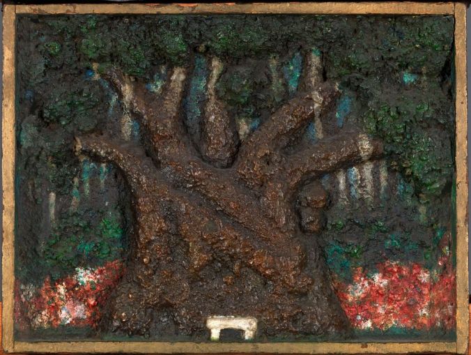 Minnie Evans, Airlie Oak, oil paint on wood, 1954. Courtesy, Smithsonian American Art Museum. The oak is located at Airlie Gardens, a public botanical gardens in Wilmington, N.C., that now has a sculpture garden dedicated to Evans. She was employed at Airlie Gardens for 26 years. 