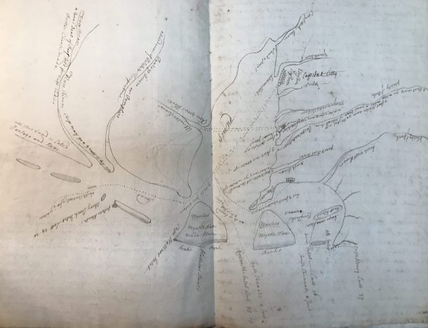 Francis Veale's map of the North Carolina coast roughly from the Neuse River to the Virginia Line. Veale sent the map to the English botanist Peter Collinson in 1730. Linnean Society, London. Photo by David Cecelski