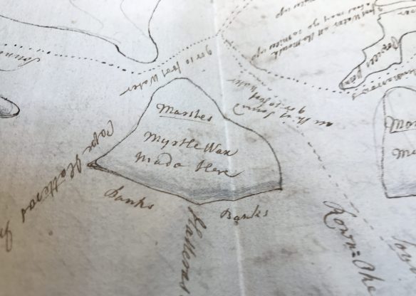 Of Hatteras Island, Veale's map only indicates "Myrtle wax made here." Settlers used the berries of the abundant wax myrtle bushes found on the Outer Banks to make candles. Veale map of 1730, Peter Collinson Commonplace Books, Linnean Society, London