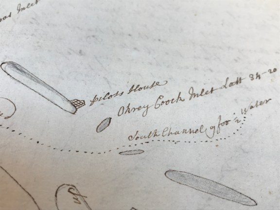 Detail of Veale's map showing Ocracoke Inlet, including the remote outpost of ship pilots on Ocracoke Island, the channels through the inlet and Portsmouth Island. 1730 Veale map, Peter Collinson Commonplace Books, Linnean Society, London.