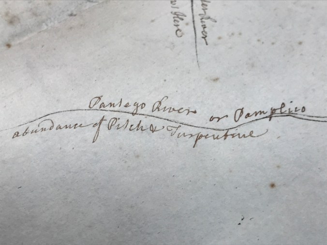 The "Pantego River or Pamlico," at a point where we now call it the Tar River (between the present day towns of little Washington and Tarboro). Veale notes that that part of the colony was known for producing "an abundance of Pitch &amp; Turpentine." Made from the resin of longleaf pine trees, the colony's turpentine and pitch had been shipped to England since at least 1714. They were essential for shipbuilding and sailing ships, but turpentine was also valued as an illuminant, an ingredient in paints and for many other uses. The large majority of Britain's supply eventually came from North Carolina's forests, largely accomplished with the labor of enslaved Africans. Detail from 1730 Veale map, Peter Collinson Commonplace Books, Linnean Society, London.