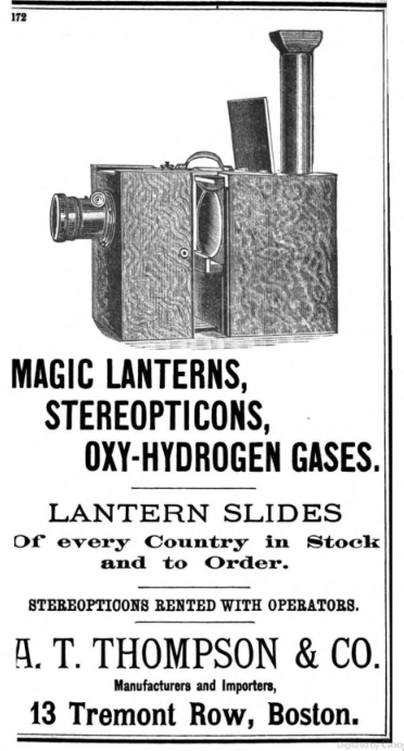Advertisement for A. T. Thompson & Co.'s stereopticons, Boston Almanac and Business Directory (Sampson, Murdock & Co., 1893)