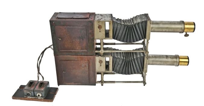 This early electrified version of a stereopticon was manufactured by the Macintosh Stereopticon Co. in Chicago ca. 1900. I. P. Hatch and other itinerant "lanternists" created their light source in other ways, typically by igniting lime (hence the term "limelight") and injecting oxygen or hydrogen and running it through an alcohol flame. This image comes from the antique hardware dealer Urban Remain's on-line catalog.