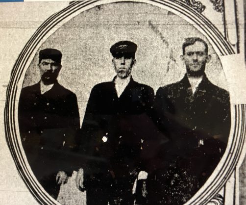  <em>The Virginian-Pilot</em> published a photograph of Capt. Partridge of the Little River Life-Saving Station (on left) and the two survivors of the <em>Luckenbach</em>, Cicero Goodwin (middle) and Harry Olsen (right) 5 April 1915.