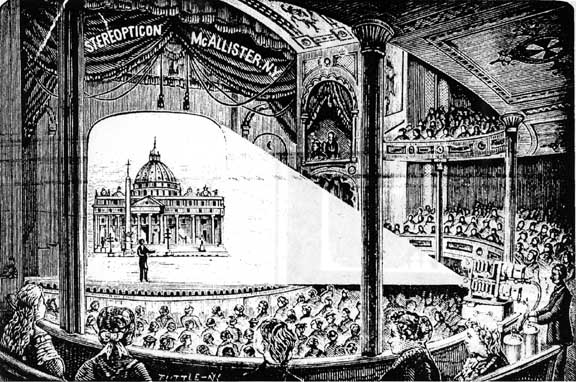 This illustration depicts a stereopticon show at St. Peter's Basilica in Rome in 1897. "Lanternists," as they were known, often created their light by igniting lime (hence the term "limelight") and injecting a gas, oxygen or hydrogen, and running it through an alcohol flame. From the catalog of T. H. McAllister Company, 1897. 