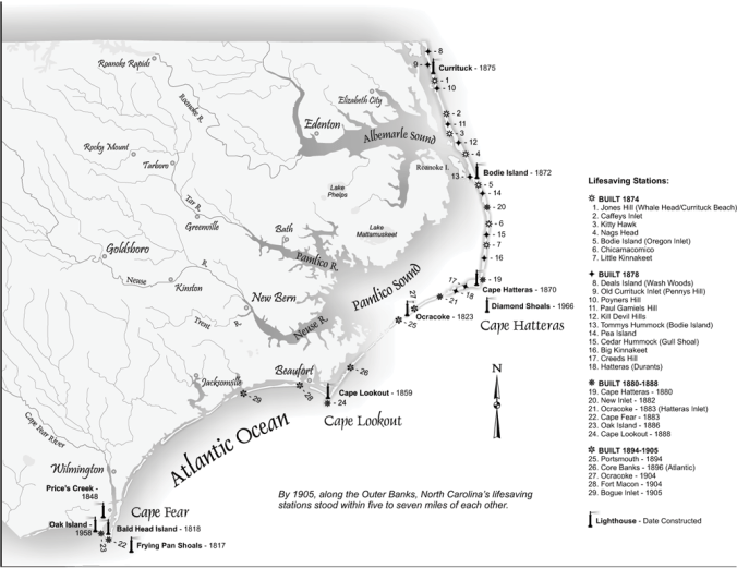 When the federal government merged the U.S. Life-Saving Service and the Revenue Cutter Service to create the U.S. Coast Guard in January 1915, there was a network of more than 270 life-saving stations spread across the East Coast, West Coast, Gulf Coast and Great Lakes. They were typically placed 5 to 7 miles apart. This map shows the locations of the life-saving stations on the N.C. coast. Map by Mark Anderson Moore. Courtesy, NC Office of Archives & History