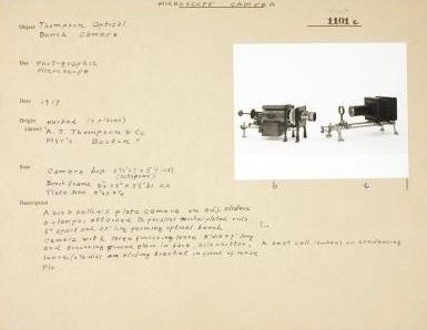 Over the years, A.T. Thompson invented a number of other devices using glass plates, including this 1917 bench camera that was meant to be used for photographing microscopic specimens in the fields of science and medicine. Courtesy, Collection of Historical Scientific Instruments, Harvard University