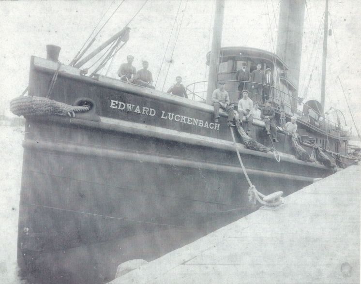 he ocean-going tug <em>Edward Luckenbach</em>, ca. 1910-15. She was 135-feet long, powered by 900 HP steam engines and carried a crew of 17. Photo courtesy, Rosa Chance Johnson