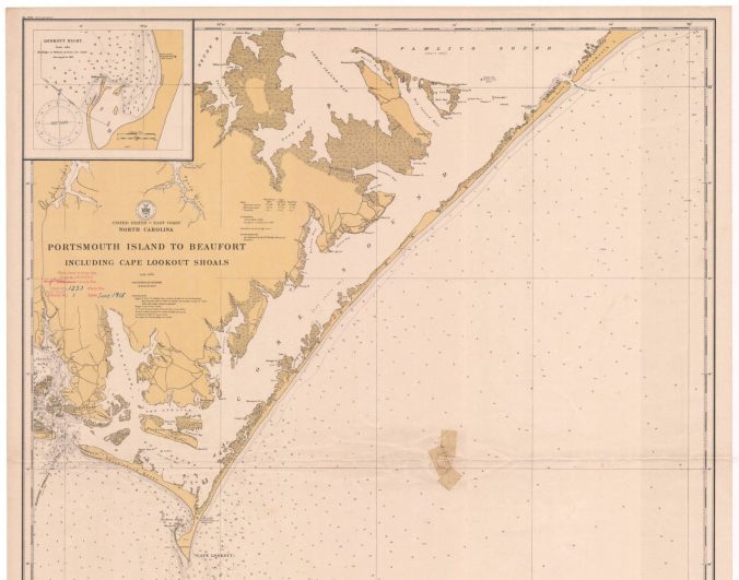 U.S. Coast and Geodetic Survey Map from Portsmouth Island to Beaufort, N.C., 1915. The big cape in the far south of the map is Cape Lookout. Moving west to east, we can see several barrier islands: the eastern tip of Bogue Banks, Shackleford Banks, Core Banks and Portsmouth Island. Across the sound from Core Banks, in the far NE of the map, we can make out Cedar Island above a broad section of salt marsh that is shown in dark ink here. Courtesy, Outer Banks History Center, Manteo, N.C.