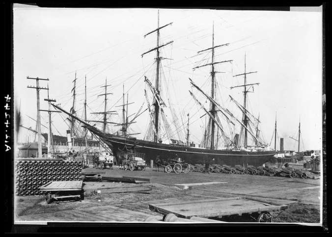 Built in 1883, the merchant ship William H. Lacey, seen here in San Francisco in her younger days, was the third of the Luckenbach's barges by April 1915. Photo courtesy, National Parks Gallery