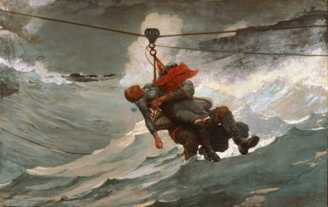 Winslow Homer's 1884 oil painting The Life Line shows a breeches buoy being used to save the victim of a shipwreck. Courtesy, Philadelphia Museum of Art