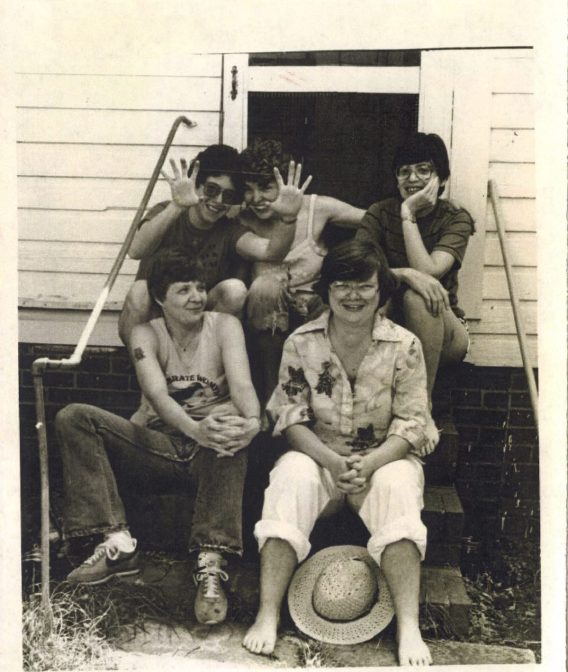 This is a photo of the editorial collective that published the groundbreaking journal Feminary: A Feminist Journal for the South, Emphasizing Lesbian Visions beginning in 1978. Left to right, top to bottom row: Helen Langa, Minnie Bruce Pratt, Eleanor Holland, Chris South, and Mab Segrest. Photo by Elena Holland. From the Minnie Bruce Pratt Papers, Duke University Library