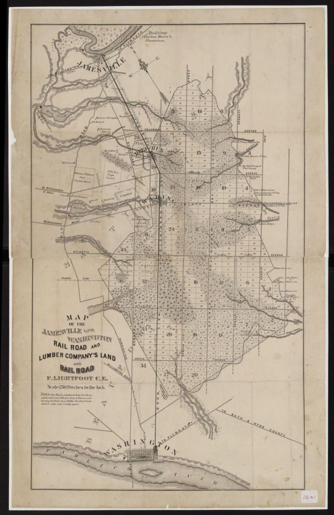 The John L. Roper Co. and the Wilkinson brothers were far from being the only lumber interests at work in and around the East Dismal. On this map, for instance, we see the logging village of Waring (later known as Dymond or Dymond City) and the Jamesville &amp; Washington Railroad and Lumber Co.'s extensive land holdings ca. 1890. Located several miles west of the Pungo, the 21-mile-long railroad-- known whimsically as the "Jolt and Wiggle"-- was built to carry lumber that was milled in Waring to freight vessels in Jamesville, on the Roanoke River, or in Washington, N.C., on the Pamlico River. On the map, note the large stands of bald cypress and Atlantic white cedar (juniper) in those swamp forests, especially northeast and southeast of Waring and in the headwaters of Deep Run Creek. According to a <a href="https://digital.ncdcr.gov/Documents/Detail/state/1116664?item=1116747">Feb. 3, 1963 article in <em>The State</em></a>, Waring was settled principally by Quakers and had a sawmill, a 32-room boardinghouse, a 3-story company store, worker housing, and a railroad shop. Since its abandonment, Dymond-- as it is usually remembered today--  has been the subject of quite a few ghost stories. F. Lightfoot, "Map of the Jamesville and Washington Railroad &amp; Lumber Co.'s Land and Railroad," ca. 1885-1905, Getsinger Family Papers, ECU Digital Collections