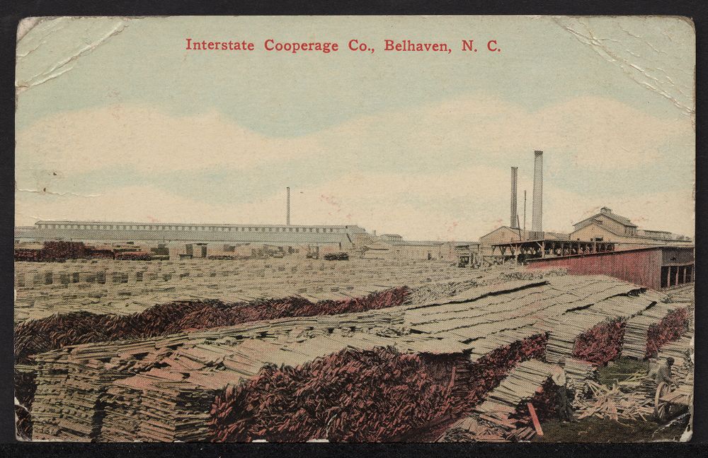 Established in Belhaven in 1905, the Interstate Cooperage Co. acquired the rights to hundreds of thousands of acres of forestland on the N.C. coast, including parts of at least 5 counties and much of what is now the Croatan National Forest. The company's site on the Pungo included a sprawling sawmill, dry kilns, a stave mill, a barrel factory, and what was said to be the largest box factory in the world. Among much else, Interstate turned out the barrels and pallets that its owner, Standard Oil, used for shipping oil around the world. At least 600 workers, nearly all of them African American, worked at the company's mill, while many hundreds were based in its logging camps. By 1910, Belhaven was home to half-a-dozen lumber mills in all. Rafts of logs and lumber barges crowded the Pungo, and trainloads of logs arrived night and day, 7 days a week. Postcard from the Moore Family Papers, East Carolina University Digital Collections