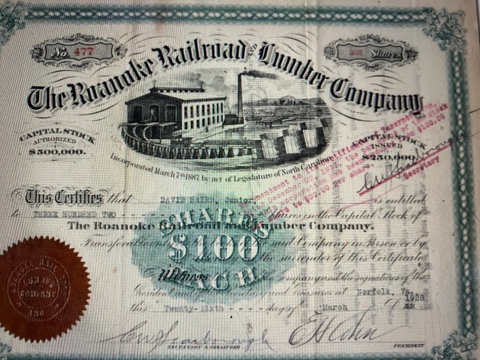Stock certificate for the Roanoke Railroad &amp; Lumber Co., 1928. In the 1880s, a Philadelphia lumber baron named Clarence Branning established a lumber mill village called Bayside just west of the Pungo River's mouth.  His company also built a logging railroad, the Bayside &amp; Yeatesville, that connected the mill to Yeatesville, Bath, and Pamlico Beach. Branning sold the mill, railroad, and the village--  "everything except the walnut desk belonging to Mr. Branning," according to one source-- to the Roanoke Railroad &amp; Lumber Co. in 1887. Life in Bayside revolved around the mill and the lumber trains until 1919, when the mill burned. When the company left Bayside for good, the village's name was changed to Bayview and it gradually became the quiet riverside resort community that it is today. Note: According to a reminiscence later published in the <em>Nashville Graphic </em>(Nashville, N.C., 23 June 1953), the Roanoke Railroad &amp;  Lumber Co. brought in "Russian, Italian and Arabian workers" to work at its mill in Momeyer, in a different part of eastern N.C. I would expect that the company also employed a significant number of immigrant laborers at its mill in Bayside.