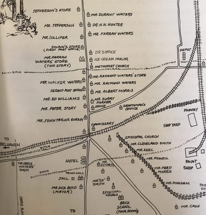 Elizabeth Parker Roberts, Map of Pine Town, N.C., 1918. Located on the far western end of what I am calling the East Dismal Swamp, Pine Town had a unique identity among the lumber boom towns in and around the East Dismal. In the early 1890s, the town grew up around the logging machine shops of Surry Parker, a former locomotive engineer with the Roanoke Railroad & Lumber Co. and an inventive mechanical engineer. At Pinetown, he designed and built steam logging machinery with an emphasis on equipment that would make it more practical to log remote wetlands such as the East Dismal. The local swamplands effectively became his laboratory. The John L. Roper Lumber Co. and the Wilkinson brothers who led swamp reclamation efforts in the southern part of the East Dismal all used his machinery extensively. In addition to the company's shops, hotel, and commissary, Pine 1Town was home to 400-500 residents, 2 general stores, an ice cream parlor, 3 churches, a 4-room school, an opera house where theatricals were held and, at Parker's home, a lending library. Pine Town boomed as long as there were trees to cut down in the East Dismal, but no longer. Map from Elizabeth Parker Roberts, Family and Friends: Pinetown, North Carolina, 1893-1918.
