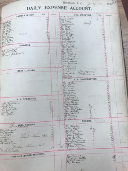 In 1899 life in the village of Scranton, on the east side of the Lower Pungo, revolved around the Alleghany Lumber Co.'s mill, purchased along with an estimated 100,000 acres of forestland from the Scranton Land and Lumber Co. ca. 1892-95. This is a page from a daily account book of the company's workers and hours. Note the central role of railroad construction in logging in and around the East Dismal. On the day shown here-- -- May 29, 1899-- roughly a quarter of the company's workforce was building railroad spurs into the company's forestlands. Another seven employees operated its trains. The railroads carried steam-powered skidders and loaders into even the most remote parts of the forest, and they also hauled logs back to the company's mill in Scranton. After a section was logged, workers would tear up the rails and run new lines into uncut parts of the forest. From Allegheny Lumber Co. Account Book, Outer Banks History Center
