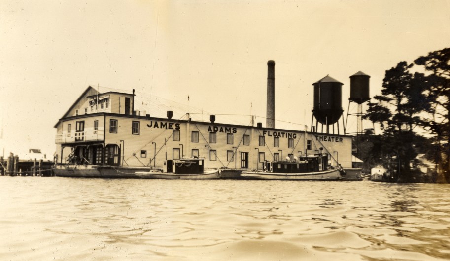 Converted from a lumber hauler in 1913, the James Adams Floating Theatre (shown here in Edenton, N.C.) traveled the towns and villages of the Chesapeake Bay and the N.C. coast for nearly 30 years. From the Francis Drane Inglis Collection, Outer Banks History Center
