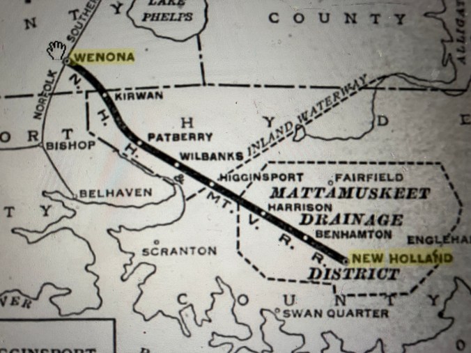 Documentary sources tell us frustrating little about what daily life was like for the loggers, sawmill workers, and railroad builders who worked in and around the East Dismal. One exception is a collection of newspaper accounts, court records, and other historical sources related to the brutality and peonage-like conditions that the builders of the New Holland, Higginsport, and Mount Vernon Railroad faced in the early 1920s. Originating on the Norfolk & Southern's main line in Wenona, the NHHMV ran through the lumber boomtown of Burrell (which had previously been where Kirwan is on this map) and on to Lake Mattamuskeet. Built primarily to supply coal to the pumping station in New Holland, the railroad also opened up a large section of swamp forest to logging. For me on the working conditions in the NHHMV's work camps, see my recent story, "The Italian Workers: The Life and Times of the Immigrants who Built North Carolina's Railroads." This map is from The Official Standard Time of the Railways and Steam Navigation Lines of the United States, Porto Rico, Canada, Mexico and Cuba (July 1928).
