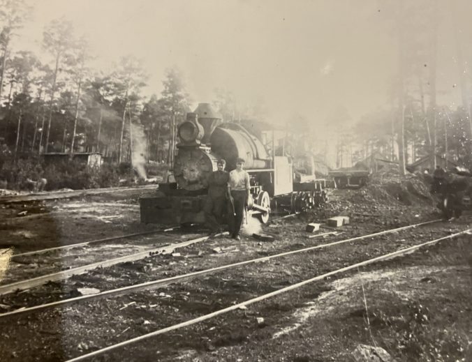 The company's workers built spurs into even the most remote corners of the Green Swamp. Smaller train engines, such as this one, traveled those rails and carried logs out to the main line. From Waccamaw Lumber Co. Photographs & Journal, Rubenstein Library, Duke University