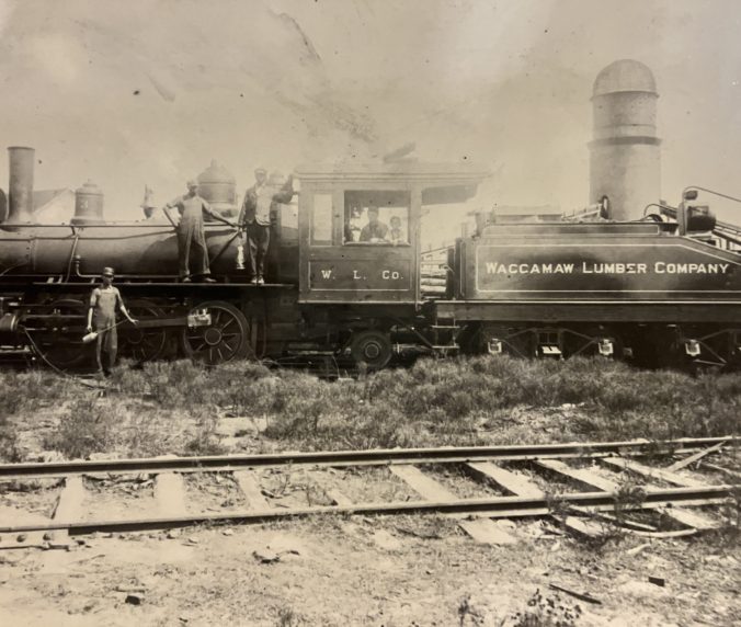 Train engine and tender, Waccamaw Lumber Co. Whit Martin, our photographer, was the engineer on the company's #3 train (shown here), which ran along the main line between the Makatoka logging camp and the company's mill in Bolton. Waccamaw Lumber Co. Photographs & Journal, Rubenstein Library, Duke University