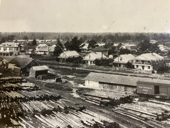 Bolton, N.C., looking across the company's log pond and railroad tracks, ca. 1910-30. Bolton was a lumber mill boomtown, named after the Bolton Lumber Co. built a mill there in 1899. Photo courtesy, Waccamaw Lumber Co. Photographs & Journal, Rubenstein Library, Duke University