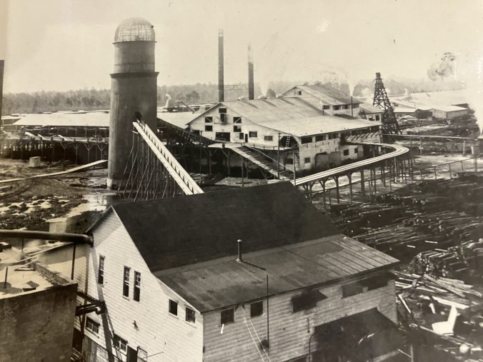 The Waccamaw Lumber Co.'s mill in Bolton ca. 1910-20. The round tower is the furnace, which burned bark and other scrap wood to power the mill's saws. From the Waccmaw Lumber Co. Photograph Album and Journal, Rubenstein Library, Duke University