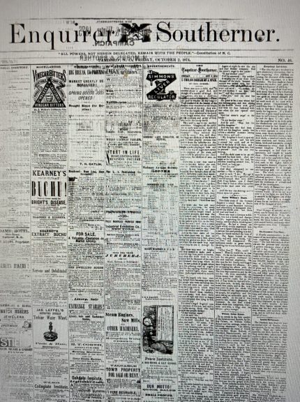 In its Oct. 2, 1874 issue, the Tarboro Enquirer Southerner printed a letter that describes the Albemarle Swamp Land Company's logging and lumber operations in the village of Pantego and elsewhere along the Pungo River. The newspaper's correspondent-- he signs his letter "Zara."-- wrote: "The Albemarle Swamp Land Co. have their headquarters here, they own a first rate grist mill (water) and a sawmill in operation during the rainy seasons. They make a large quantity of juniper shingles on their lands, which are brought to this place by carting to the river, they are then floated 10 miles and then brought the balance of the way (5 miles) on a railroad with a mule for an engine and a negro boy for conductor and engineer. I suppose the Company ship[s] near a million of pieces annum. Vessels large enough to sail to Philadelphia and New York can come to within 4 or 5 miles, which distance the shingles are carried in large flats." The Albemarle Swamp Land Co. had purchased a large part of the East Dismal Swamp from the heirs of Josiah Collins, a wealthy land baron and one of the most notorious enslavers of Africans and their descendants on that part of the N.C. coast. The John H. Roper Lumber Co. eventually bought out the company's land holdings.