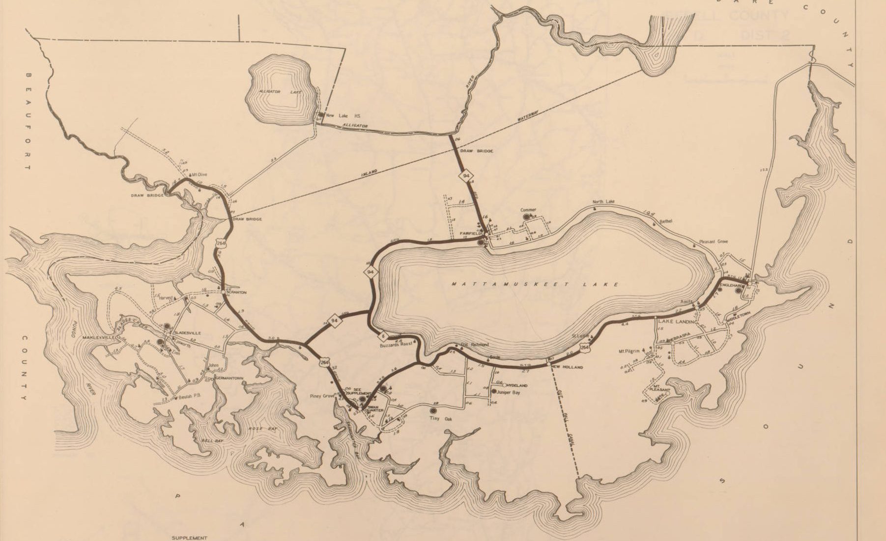 Hyde County, N.C. road map, 1936. Lake Mattamuskeet occupies the map's center. The Pungo River forms the county's western boundary. The body of water to the south and southeast is the Pamlico Sound. We can see the southern part of the Alligator River in the map's upper right corner. Courtesy, State Archives of North Carolina
