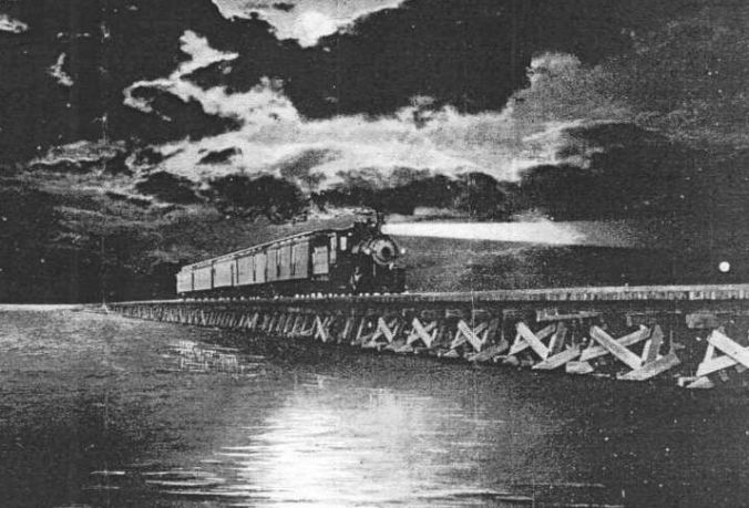 Postcard of a train crossing the Norfolk & Southern Railroad's trestle across the Albemarle Sound, ca. 1918. Courtesy, Wikipedia